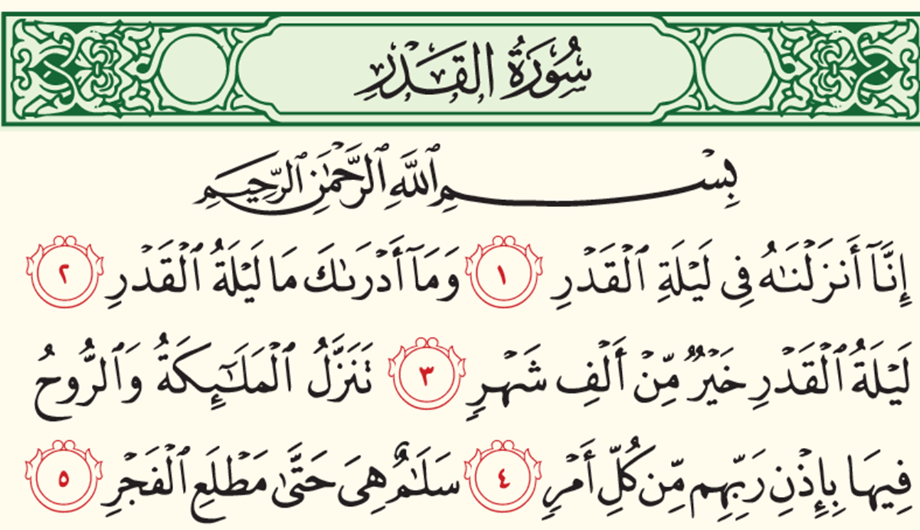 Surat al-Qadr, Quranic text verses 1-5. Laylat al-Qadr night of destiny, Quran revelation, good deeds better than 1000 months. Donate to Islamic Donate Charity via USDT or Bitcoin for Laylatul Qadr.