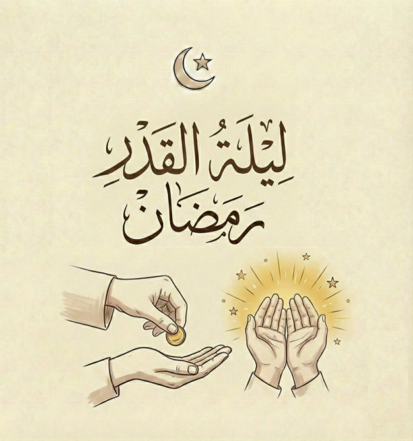 Illustration of a hand giving a coin to another open hand, with the text "Lailat al-Qadr Ramadan" and a crescent moon at the top. Symbolizes charitable giving like USDT during Ramadan blessings.