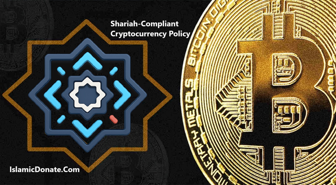 Zakat Shariah Compliant Policy for charity using BTC, gold Bitcoin beside an eight-pointed Islamic star.